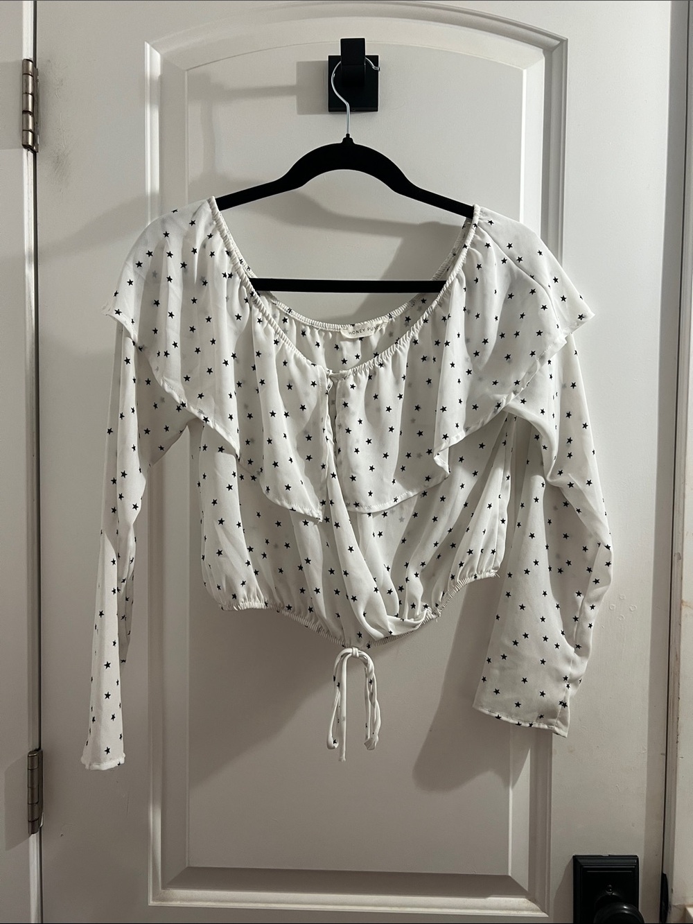 Honey Punch White Star-Print Ruffle Drawstring cropped Blouse
